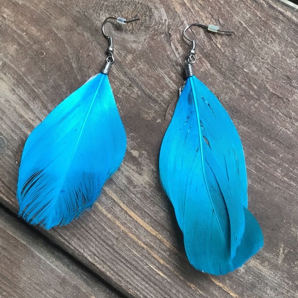 Turquoise Blue Pheasant Peacock Feather Earrings - Picture 2 of 3